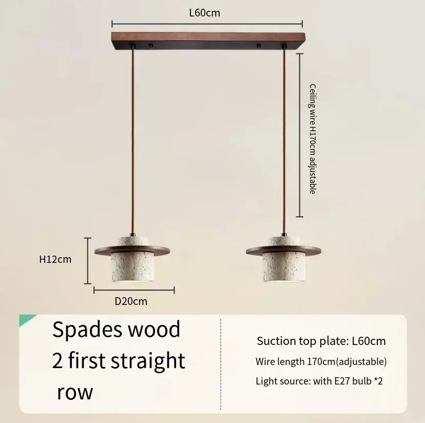 Modern travertine and walnut pendant light with two cylindrical concrete shades and adjustable bronze cord pendant led bulb