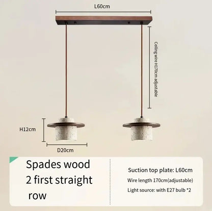 Modern travertine and walnut pendant light with two cylindrical concrete shades and adjustable bronze cord pendant led bulb