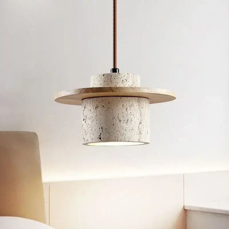 Minimalist pendant light with off-white travertine body and walnut disc accent cord pendant bulb included for kitchen use