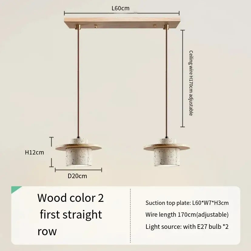 Modern travertine and walnut pendant light with two cylindrical concrete shades and cord pendant bulb included
