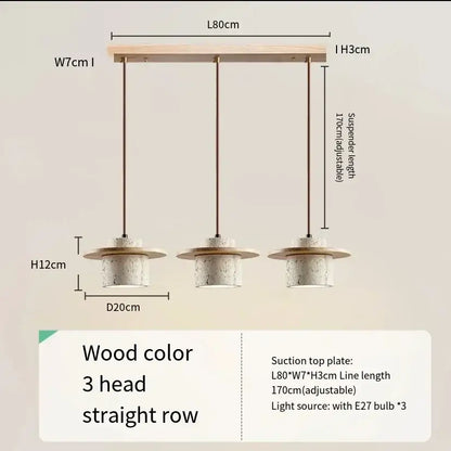 Modern pendant light with wooden walnut frame, cylindrical concrete shades, adjustable bronze chains, and led bulb cord pendant