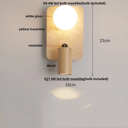 Modern travertine and white led wall light with rectangular yellow backplate and rotatable wooden base by decorbites led wall
