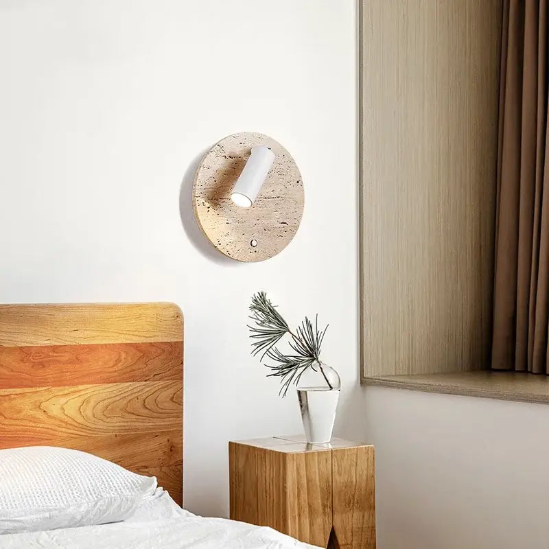 Modern travertine and white led wall light with circular cork sconce featuring decorbites led wall reading lamp design
