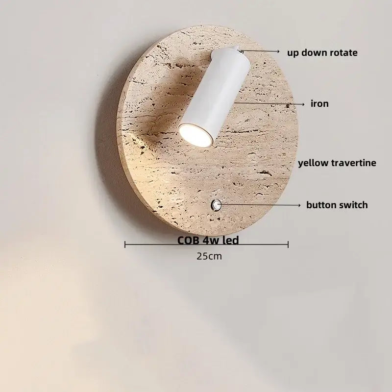 Modern travertine and white led wall light with cylindrical spotlight on yellow base by decorbites led wall lamp