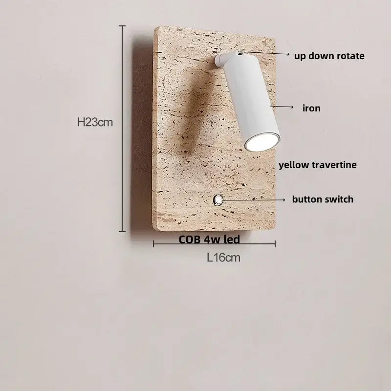 A sleek white cylindrical decorbites led wall light with yellow travertine stone plate and iron base for bedroom reading lamp