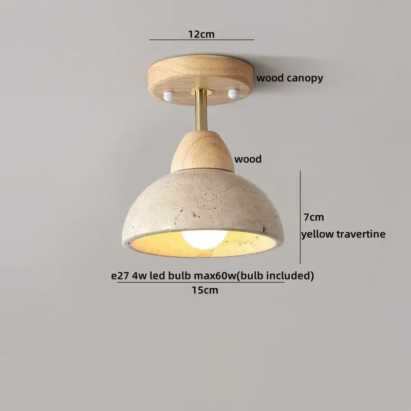 Rustic ceiling light with natural wood canopy and yellow travertine dome shade for modern decorbites glass ball led lighting