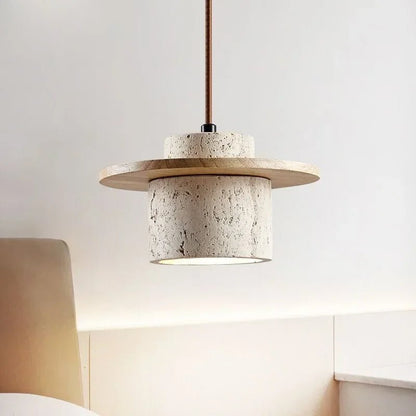 Modern Travertine Stone Pendant Light With Walnut Accent - Decorbites