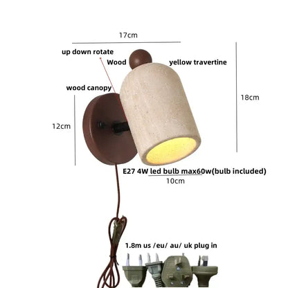 Modern travertine and wood wall light fixture with yellow travertine shade and up-down rotating design for bedroom use