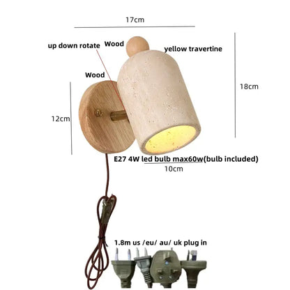 Modern travertine and wood wall light fixture with yellow shade and adjustable up-down rotation for bedroom use
