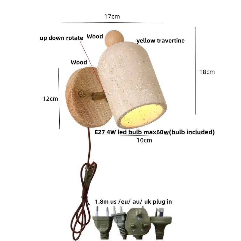 Modern travertine and wood wall light fixture with yellow shade and adjustable up-down rotation for bedroom use