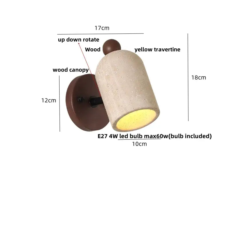 Modern travertine and wood wall light fixture with yellow travertine rotating head and pull chain switch for bedroom