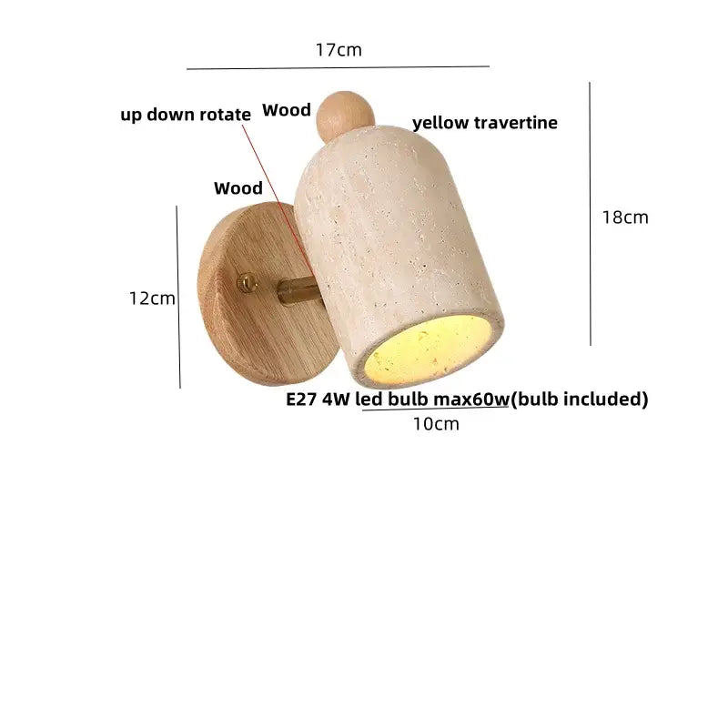 Modern travertine and wood wall light fixture with yellow travertine shade and up-down rotating mechanism for bedroom