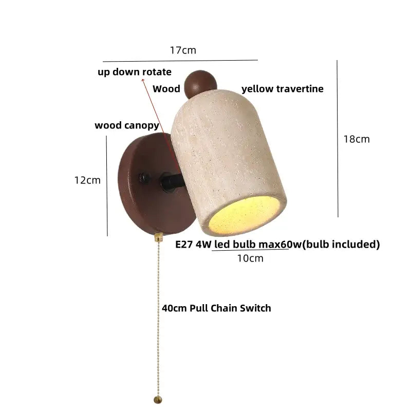 Modern travertine and wood wall light fixture with a yellow travertine shade and rotating up-down spotlight head for bedrooms