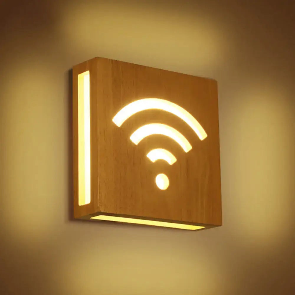 Modern tree silhouette wooden square flush mount corridor wall sconce with warm-toned wood and glowing wi-fi symbol design