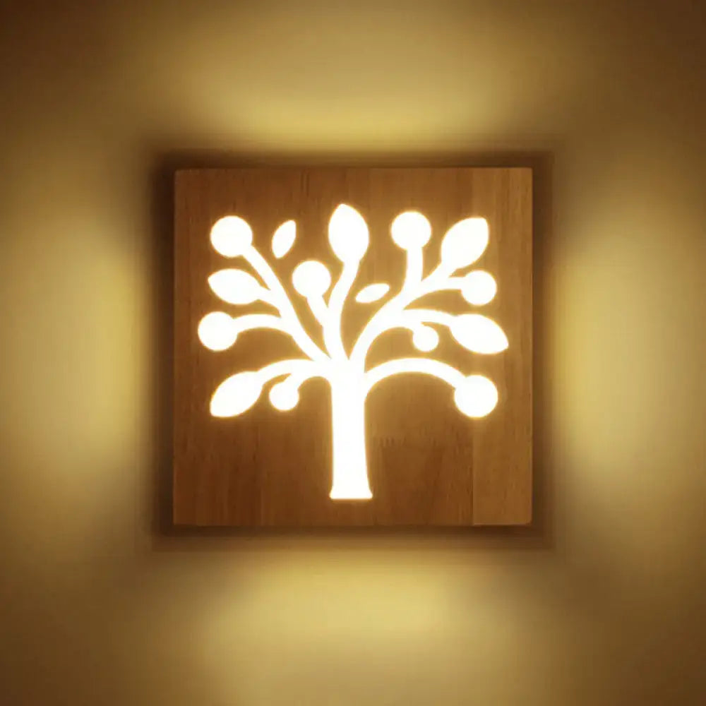 Modern tree silhouette wooden square flush mount corridor wall sconce with warm-toned glowing tree design flush mount