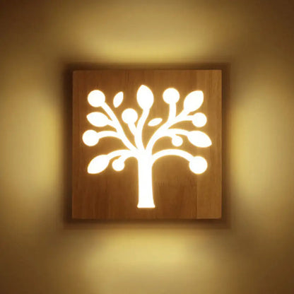 Modern tree silhouette wooden square flush mount corridor wall sconce with warm-toned glowing tree design flush mount