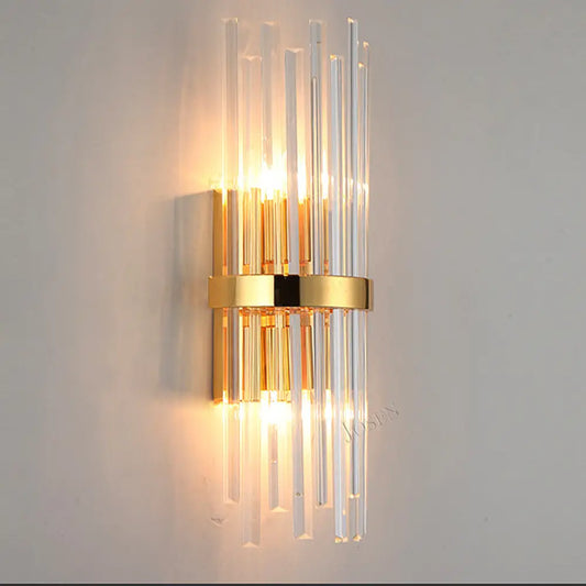 DecorBites™ DecorBites™ Modern Tri-Sided Crystal Rod Wall Light Fixture - Gold Sconce with Cylinder Design - Dual Head