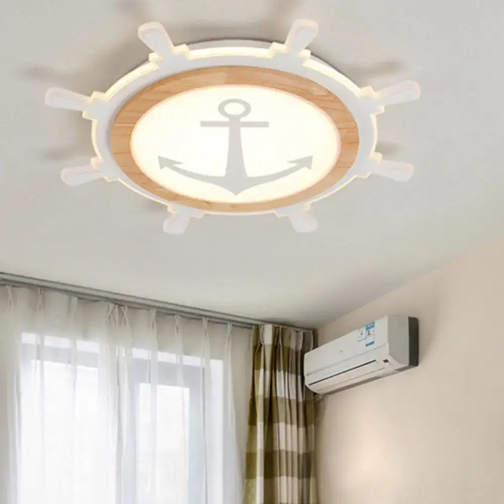 DecorBites kids room LED flush mount ceiling light with white and wood-toned nautical ship wheel and anchor design