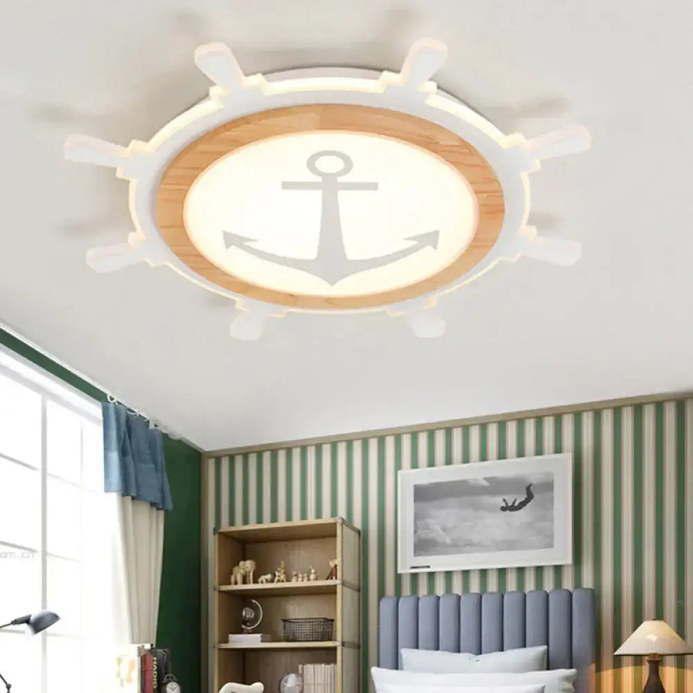 DecorBites™ kids room LED flush mount with white and wood-tone nautical ceiling light featuring an anchor emblem