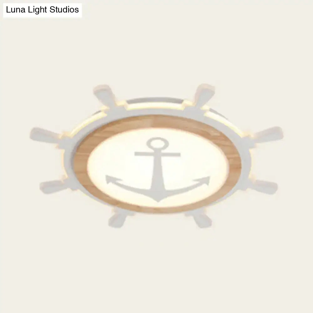 DecorBites kids room led flush mount ceiling light with wooden rim and silver anchor nautical theme design