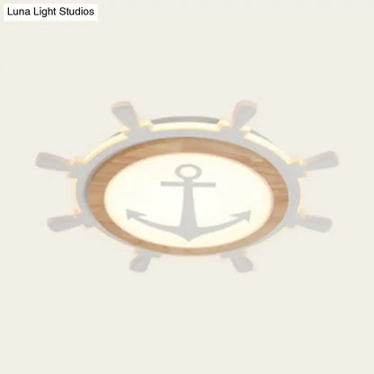 DecorBites kids room led flush mount ceiling light with wooden rim and silver anchor nautical theme design