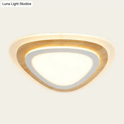 Modern triangular DecorBites kids room LED flush mount ceiling light with warm wood finish and soft white acrylic illumination