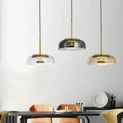 Three modern pendant light with gold metal stems and tricolor glass shades for dining room hanging lamp