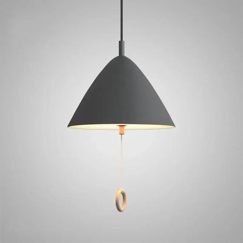 Modern black conical decorbites designer pendant light with warm interior glow and wooden ring pull for dining room decor