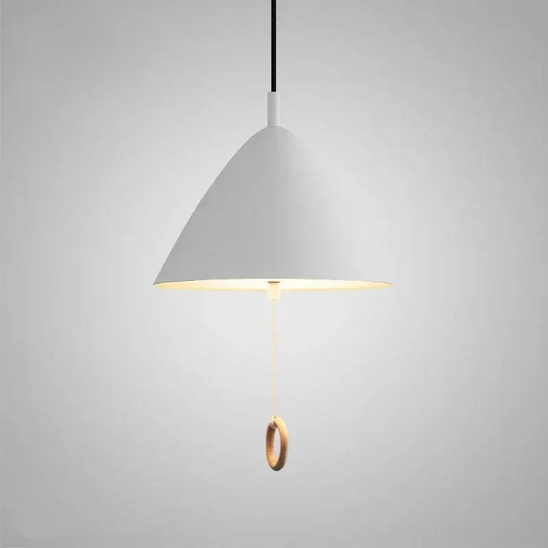 White conical pendant light with warm wooden ring and black cord suspension decorbites designer pendant light for dining room
