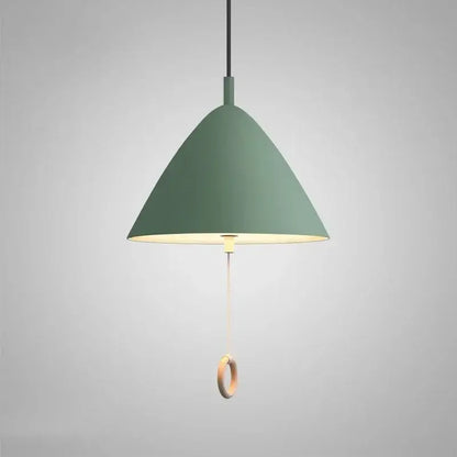Modern trio color decorbites designer pendant light with green conical matte finish and wooden pull ring for dining room