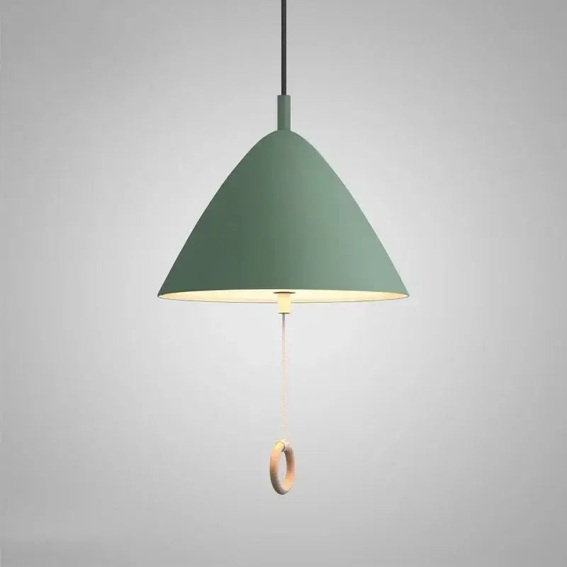 Modern trio color decorbites designer pendant light with green conical matte finish and wooden pull ring for dining room