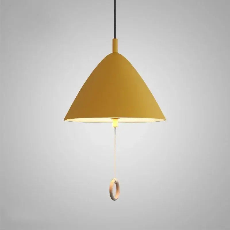 Modern yellow conical pendant light with wooden ring decorbites designer pendant light for dining room with pull switch
