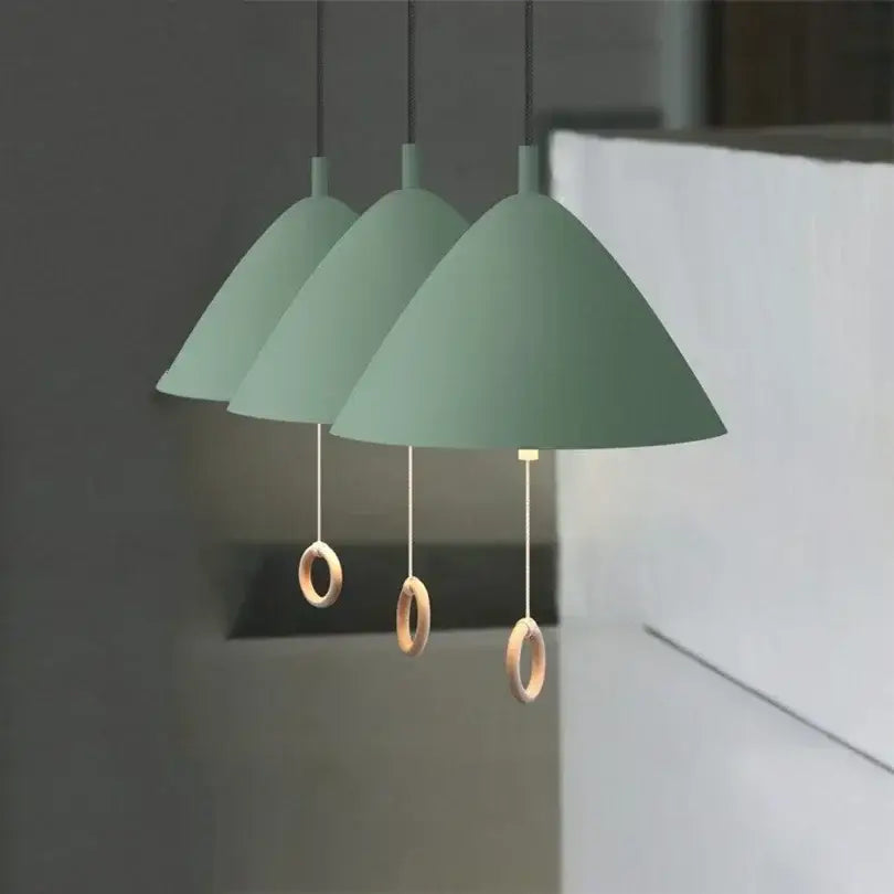 Modern trio sage green designer pendant light with wooden rings for dining room decorbites designer pendant light