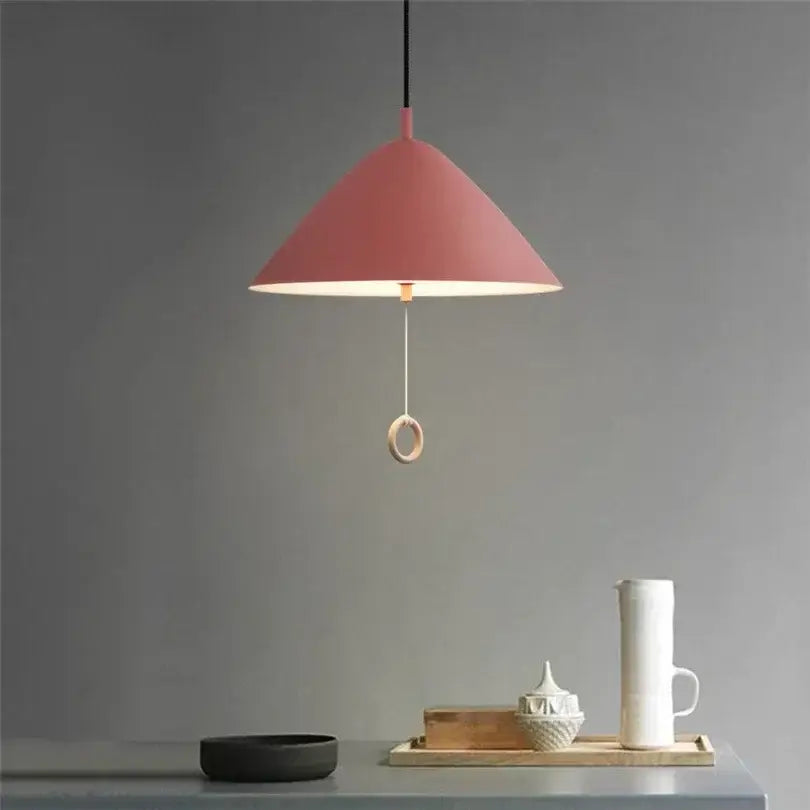 Modern pink conical pendant light with wooden pull ring by decorbites designer pendant light for dining room decor