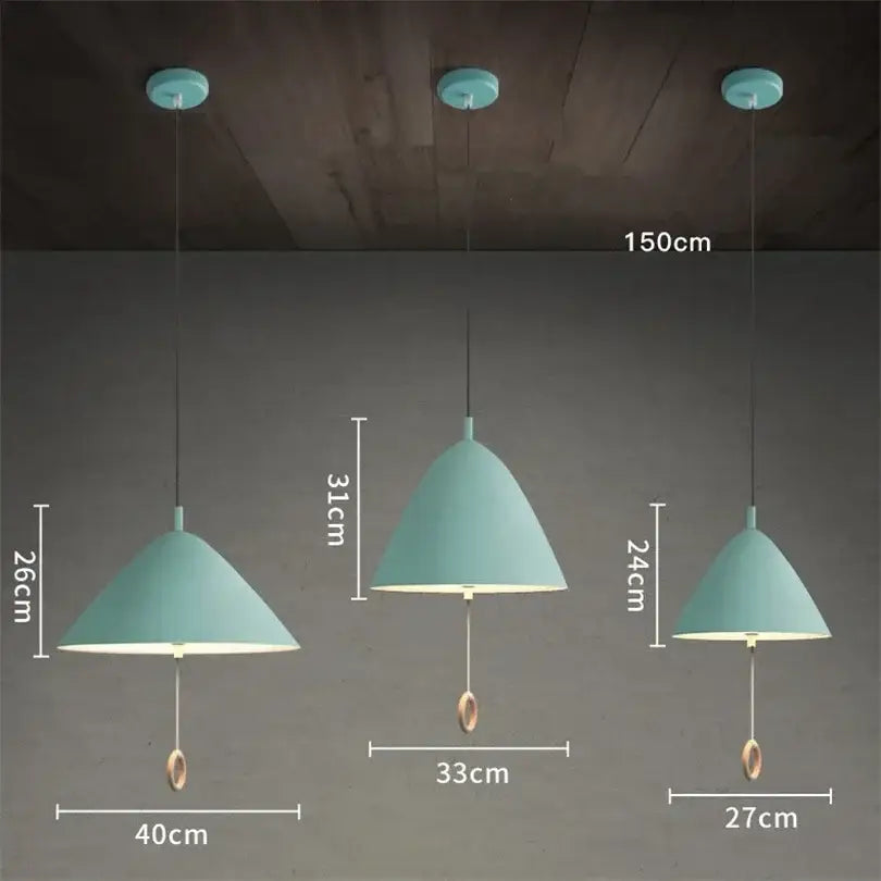 Set of three modern teal designer pendant lights with conical shades and brass pull chains for dining room decorbites pendant light