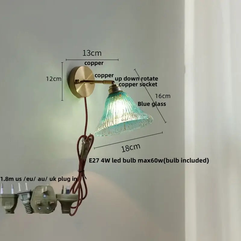 Modern turquoise blue glass wall sconce with copper base decorbites blue glass shade and up-down rotatable socket