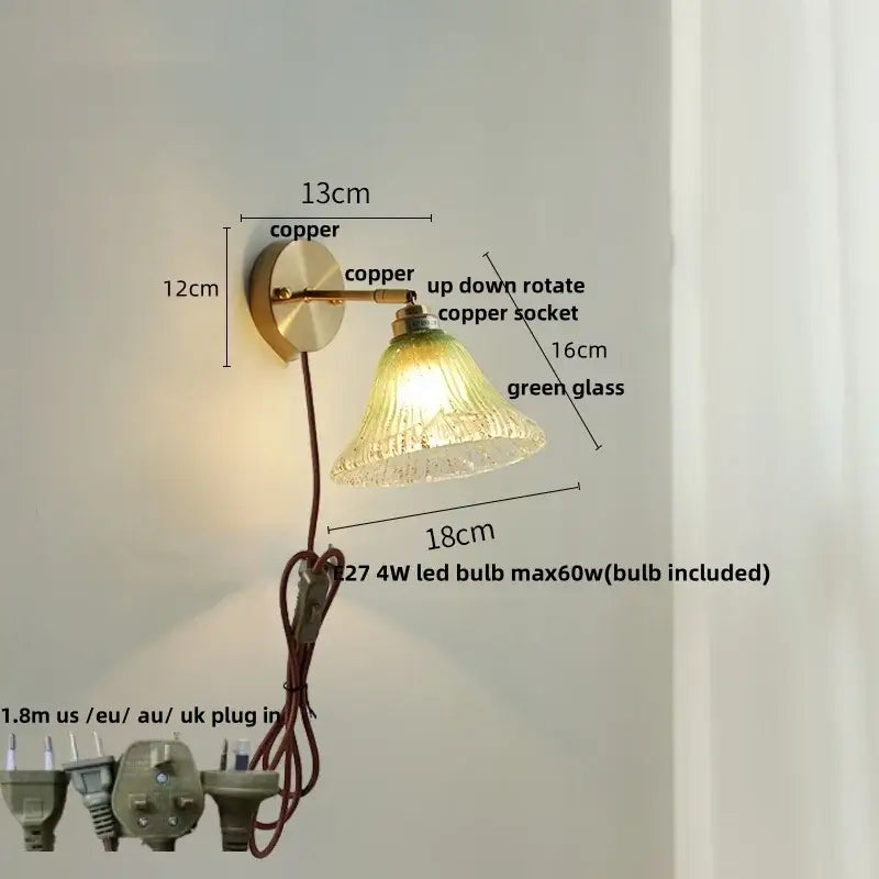 Modern turquoise blue glass wall sconce with copper base and rotatable socket featuring decorbites blue glass shade