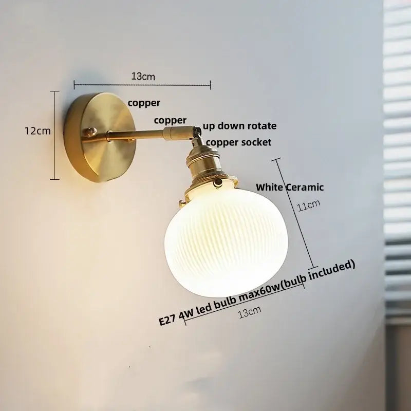 Modern turquoise blue glass wall sconce with copper finish and white ribbed ceramic globe decorbites blue glass wall light