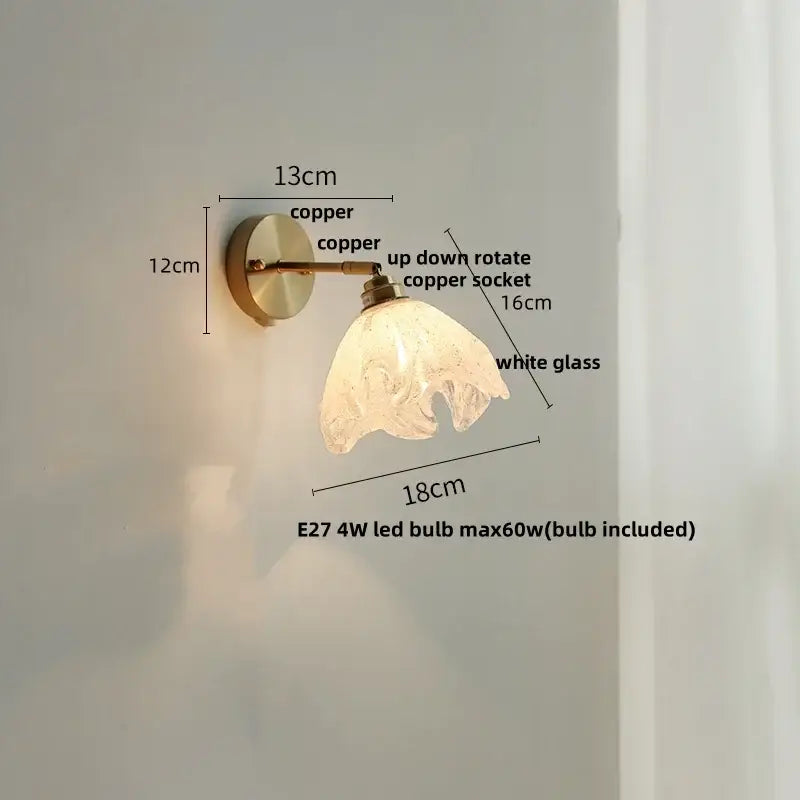 Modern copper wall sconce with white glass shade complementing decorbites blue glass wall bedroom lighting