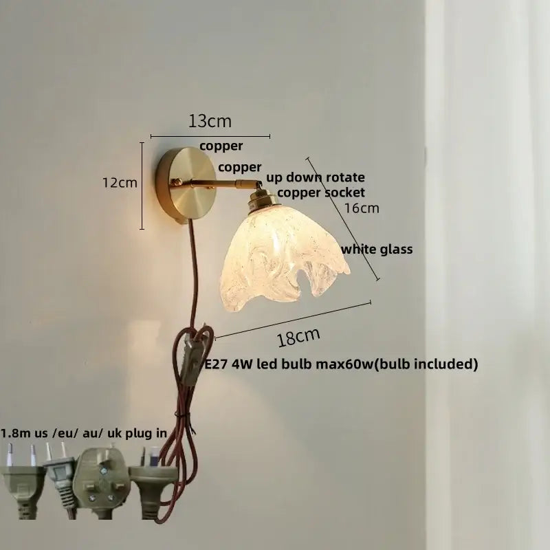 Modern turquoise blue glass wall sconce with vintage copper arm and white floral etched shade for bedroom decorbites blue glass wall