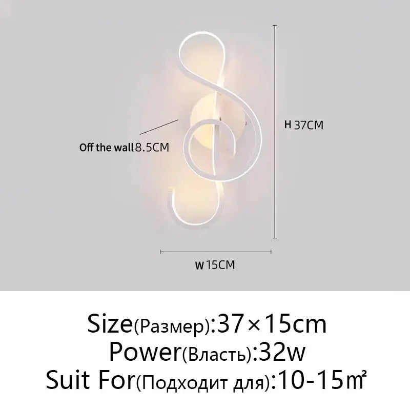 Modern twisted black and white led wall lamps with minimalist treble clef design for bedroom and living room lighting