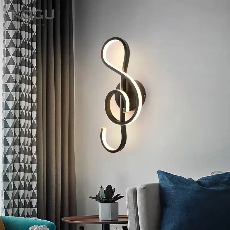 Modern twisted black and white led wall lamps featuring a musical treble clef design for bedroom lighting