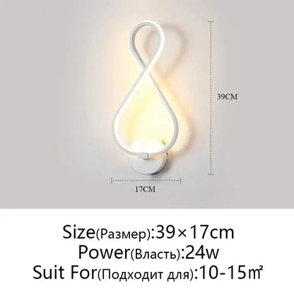 Modern twisted black and white led wall lamps featuring a white infinity-loop wall sconce with warm glowing light