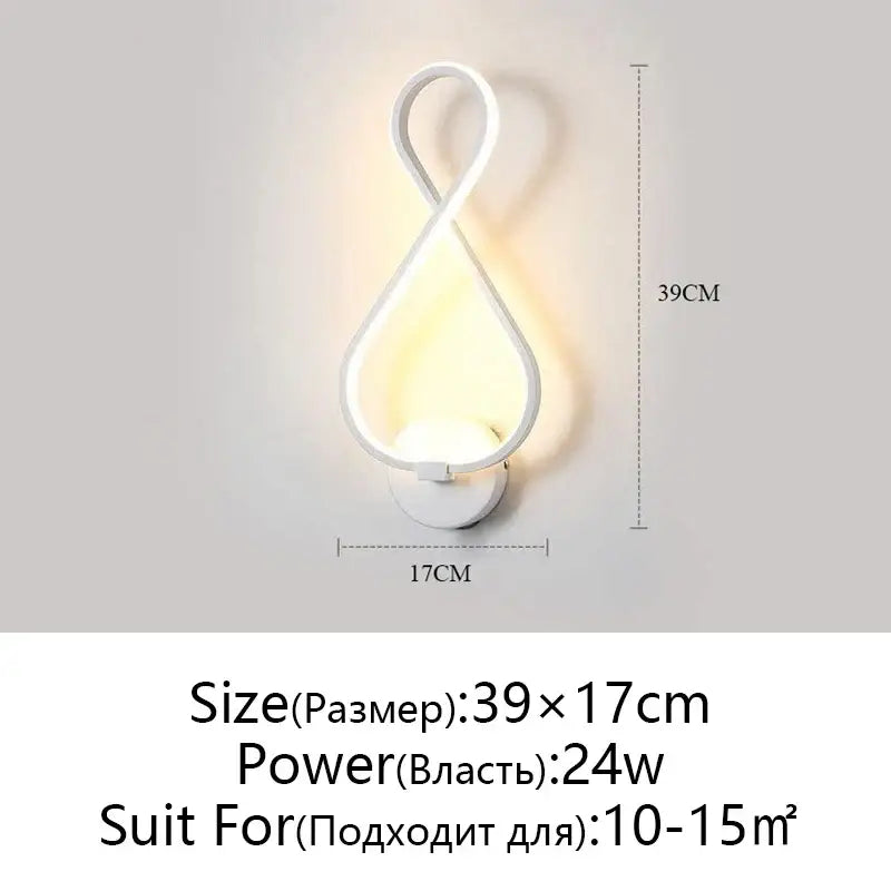 Modern twisted black and white led wall lamps featuring a white infinity-loop wall sconce with warm glowing light