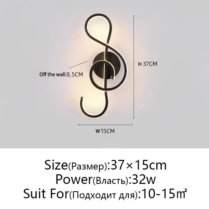 Modern twisted black metal led wall lamp shaped like a treble clef emitting warm light for bedroom lighting