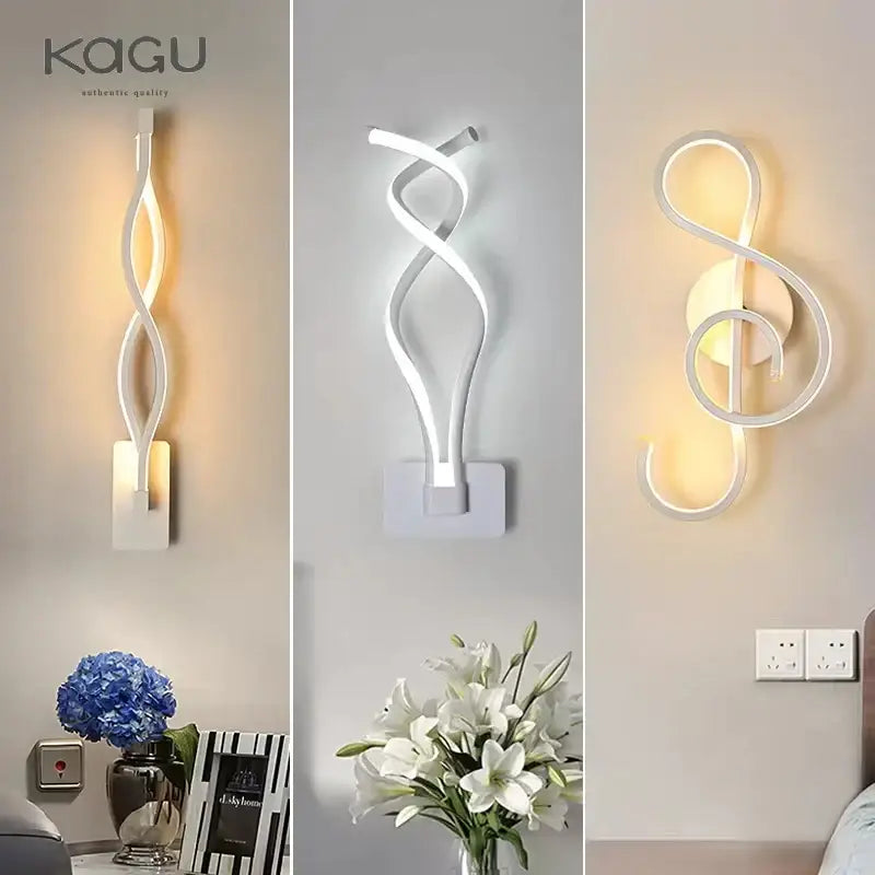 Modern twisted black and white led wall lamps with sleek wavy designs ideal for bedroom and living room lighting