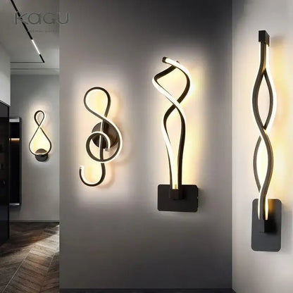 Modern twisted black led wall lamps with sleek design emitting warm white light for bedroom lighting