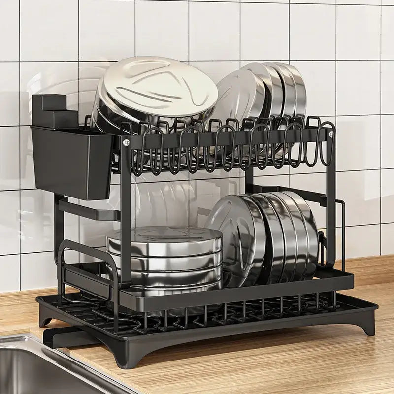 Modern two tier black metal dish drainer rack with curved hooks and side storage compartment for kitchen organization