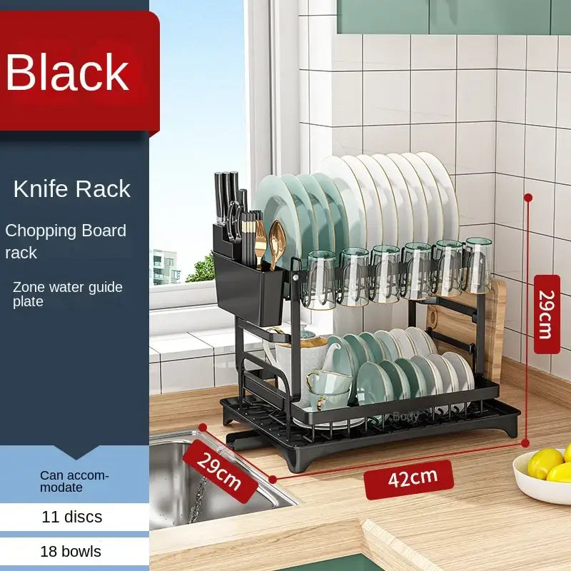 Modern two tier black metal dish drainer rack with knife and chopping board compartments for kitchen organization