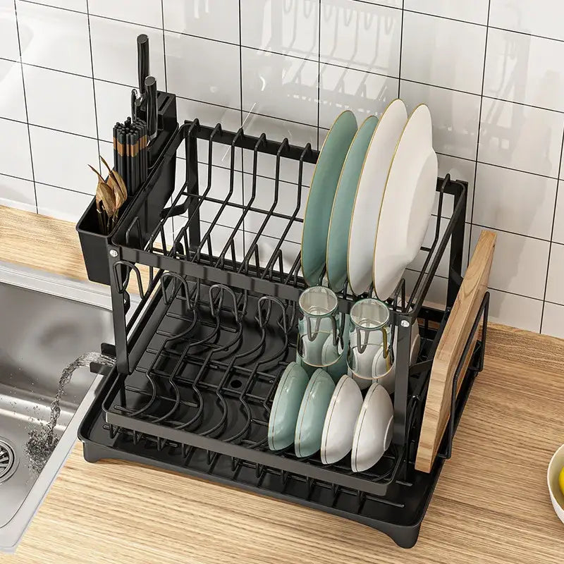 Modern two tier black metal dish drainer rack with integrated utensil holder and glass cup holders for kitchen organization